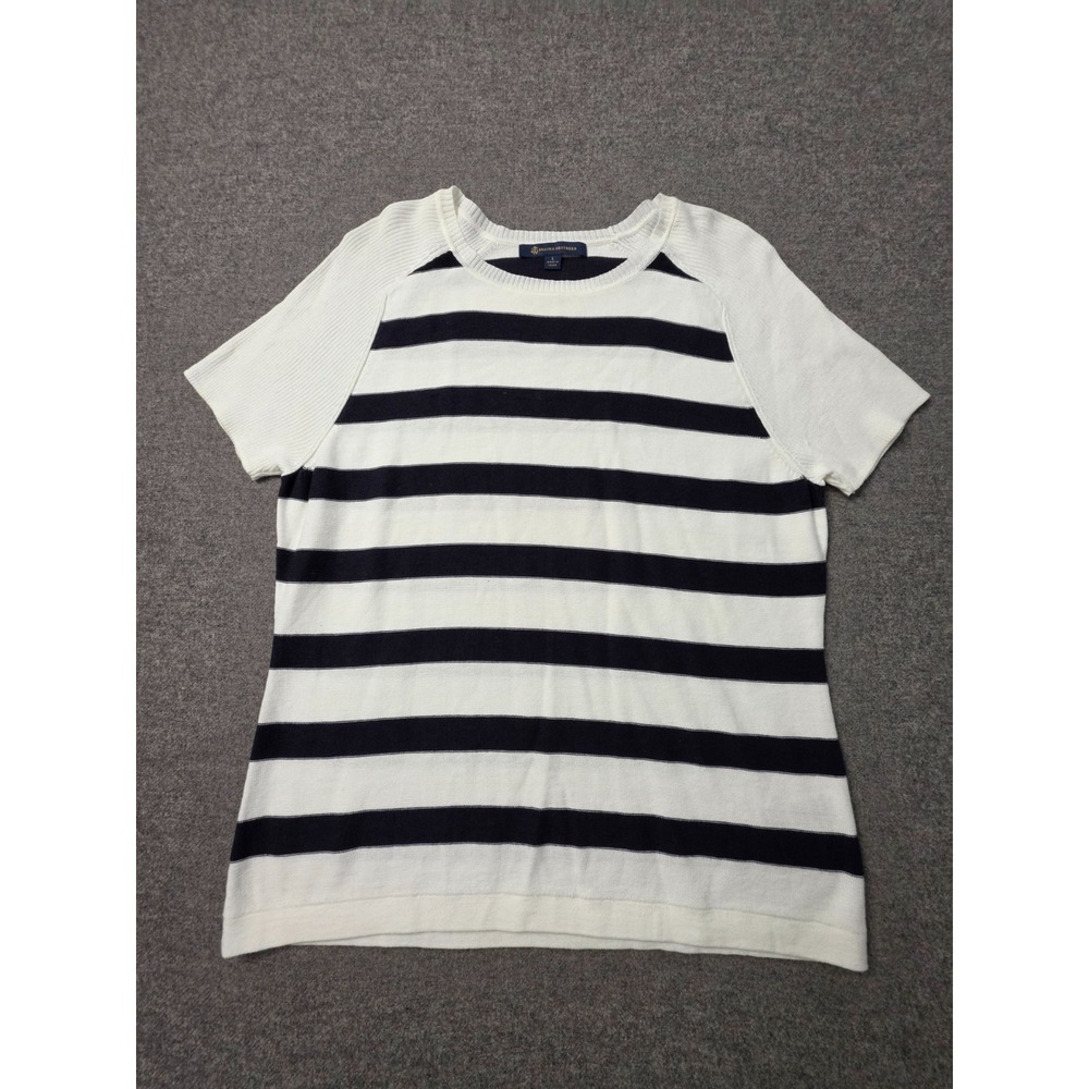 Brooks Brothers Sweater Womens Large White Black Striped Knit Crew Neck Pullover